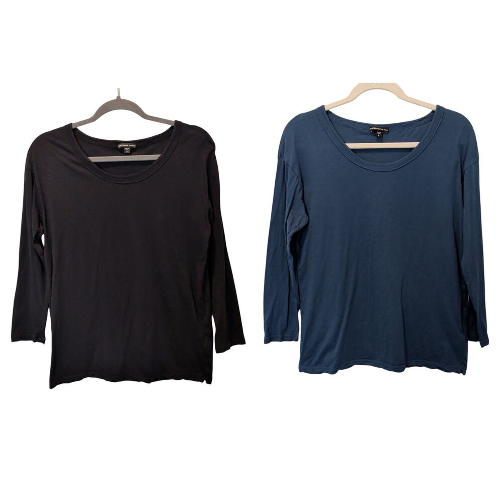 Set of 2 James Perse Sz 0 (XS) Long Sleeve Cotton Lightweight T Shirt Black Blue